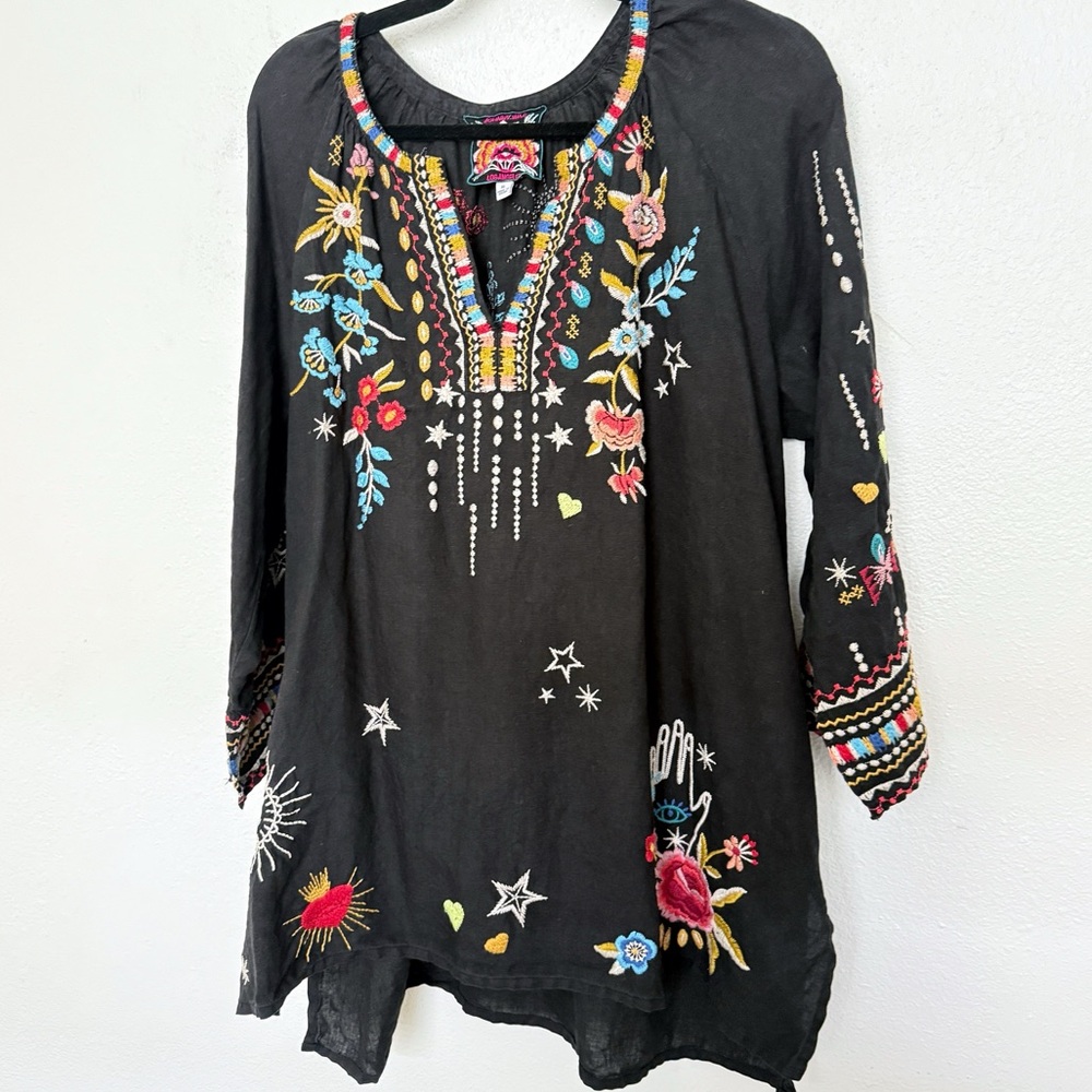 Embroidered Black Boho Tunic Top with Multicolor Floral Detail